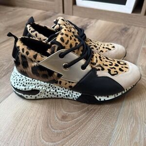 Steve Madden Cliff Leopard Platform Sneakers Calf Hair Leather Shoes Womens 9